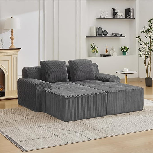 Modular Sectional Sofa with Movable Ottoman, 2 Seat Deep Seat Couch with 2 Pillows, Comfy Cloud Sectional Sofa for Living Room, Bedroom and Apartment (Grey, 1 Left+1 Right+2 Ottoman)