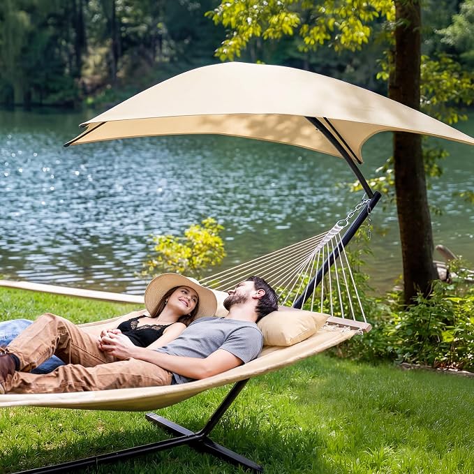 SUNCREAT Portable Outdoor Hammock with Stand, Sun-Protective Canopy, Double Hammock with Stand for Outside, Patent Pending, Beige - Image 2