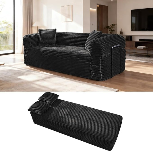 83'' Boneless Couch in A Box, No Assembly Needed Sofa Bed Couch 3 Seater Corduroy Modern Cloud Sofa 29'' Deep Seat with 2 Pillows & Removable Backrest for Living Room, Bedroom, Apartment, Black | No Assembly Needed, High Density Foam, Removable Backres...