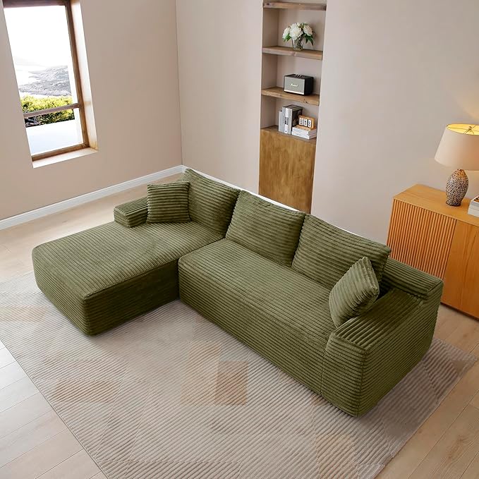 105-Inch L-Shaped Left Facing Corner Compressed Sofa Modular Sectional Boneless Cloud Sofa Floor Foam Couch with Chaise Lounge, Corduroy Corner Boneless Cloud Couch