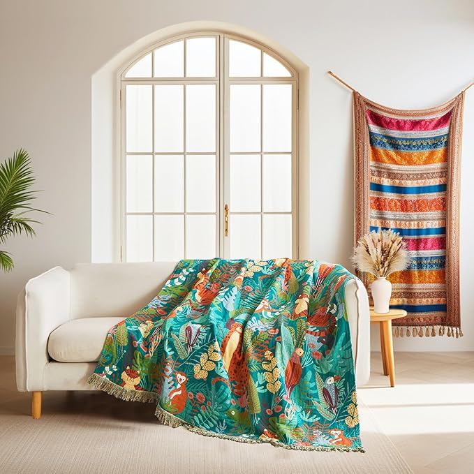 LUTBM Throw Blanket for Bed Couch Sofa Soft Cotton Twin Spring Blankets for Bedroom Living Room All Season Reversible Forest Animals Embroidery Lightweight Quilt Whimsical Home Decor 60"x80"