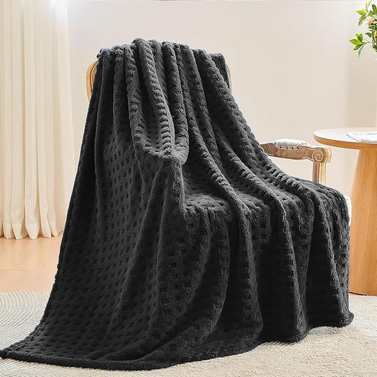 NEWCOSPLAY Super Soft Throw Blanket Black Premium Silky Flannel Fleece 3D Waffle Checkered Lightweight Bed Blanket All Season Use (Black, Throw(50"x70"))