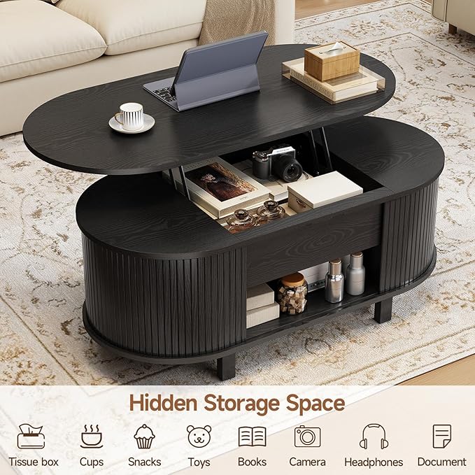ONBRILL 43.3" Oval Lift Top Coffee Table with Hidden Compartment, Fluted Wood Coffee Table with Sliding Door, Mid-Century Modern Lift Tabletop Dining Table for Living Room, Home Office, Black