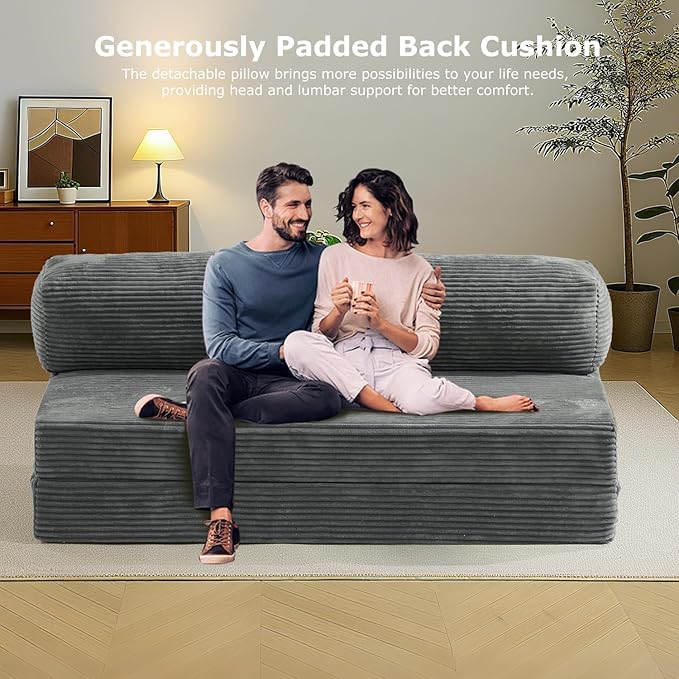 6-inch Folding Mattress Convertible Sofa Bed, Floor Bed & Sleeping Couch with Removable Corduroy Cover & Carry Handles, High-Density Foam (Grey, Queen)