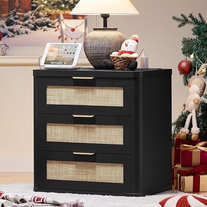 LEYAOYAO Rattan Night Stand with Charger Station, 23" Large 3 Drawer Boho Nightstand, Black Bedside Table Storage Cabinet, Bed Side End Tables for Bedroom, Living Room, Hallway by LEYAOYAO-Findtheshiningpointofyourideallife%EF%BC%81