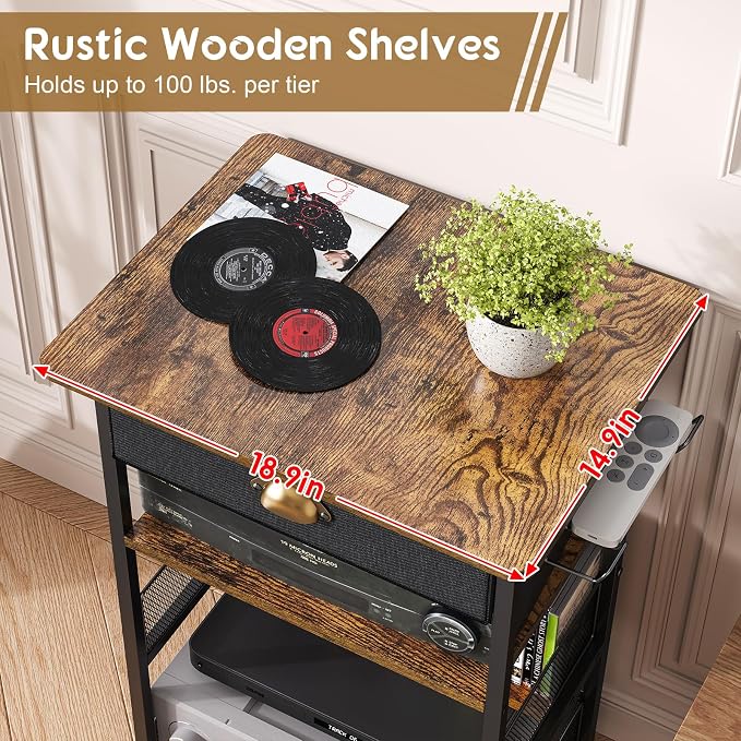 Hongtamoya 4-Tier AV Media Stand with Drawer, Video Game Console Shelf with 2 Hooks, Audio Rack Tower Perfect for/Xbox/ PS5/Switch/Game Consoles/DVD/Record Player/Projector/Sky Box/TV Accessories - Image 5