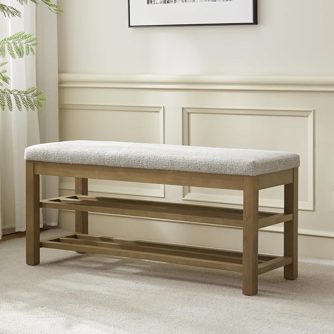 VKNOW Entryway Bench, 44.3” Upholstered Shoe Storage Bench for Bedroom, 2-Tier Storage End of Bed Bench with Rubberwood Legs for Living Room, Hallway, Beige - Image 8