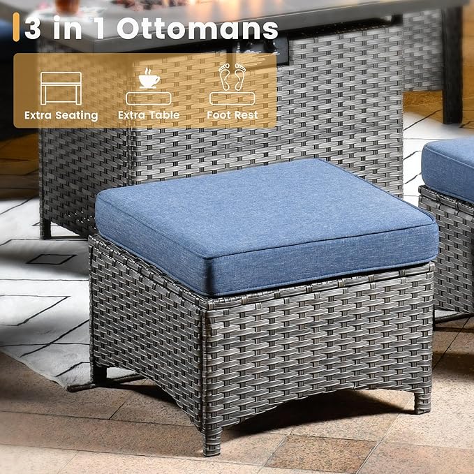 HOOOWOOO Patio Furniture Set,7 Piece Outdoor Furniture,Wicker Patio Conversation Couch Chairs Ottoman Set,Denim Blue
