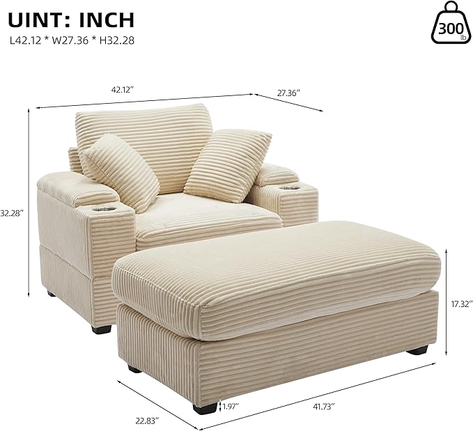 KEIKI Oversized Accent Chair with Ottoman, Chaise Lounge Chair Indoor with Handrail Storage, Cupholders, Oversized Sofa Bed, Deep Seat Sleeper Couch Reading Chairs for Living Room, Beige