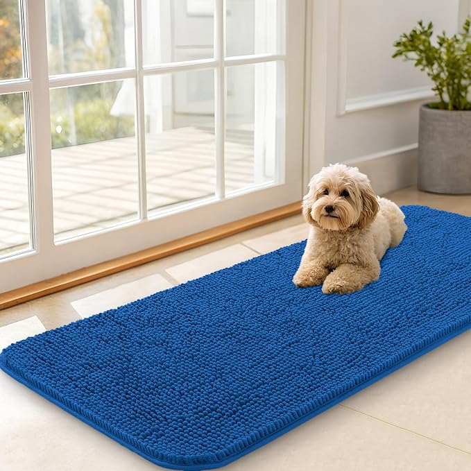 OLANLY Dog Door Mat for Muddy Paws 47x20, Absorbs Moisture and Dirt, Absorbent Non-Slip Washable Doormat, Quick Dry Chenille Mud Mat, Entry Indoor Entryway Carpet for Inside Floor, Deep Navy Blue by OLANLY