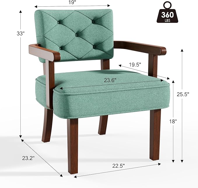 Versatile Accent Chair, Small Side Arm Chair,Mid Century Oversize Armchair,Upholstered Wooden Accent Chairs,Tufted Back,Armrest,Cushion, for Office,Waiting/Reading/Living Room, Green