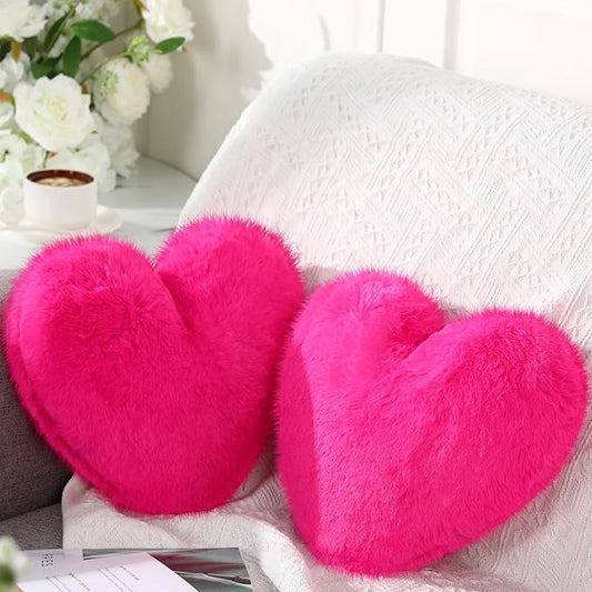 Marsui 2 Pcs Heart Throw Pillows, Soft Fluffy Faux Fur Decorative Hearts Shaped Pillows for Living Room Sofa Bed, Cute Heart Themed Gift for Women(Rose Red,11.81 x 11.02 Inch)