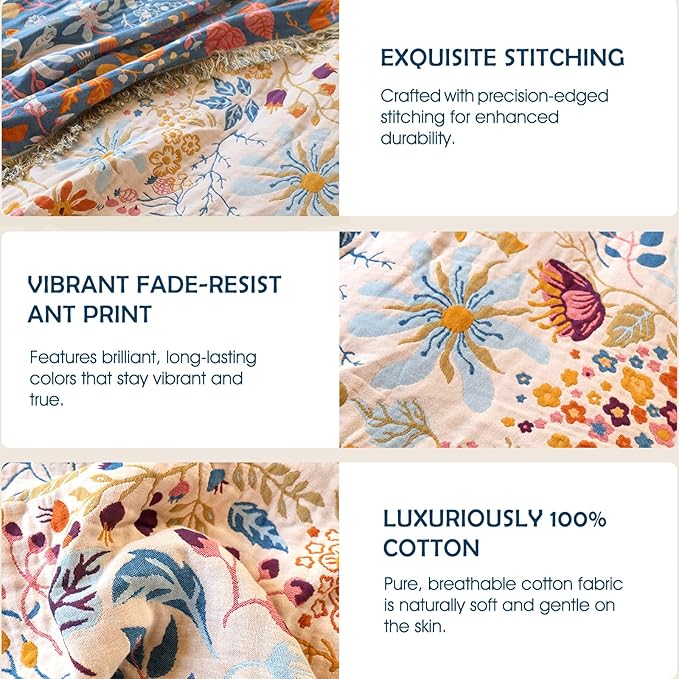 Boho Throw Blanket - 100% Cotton Throw Blankets for Bed Couch, 60"x80" Soft Muslin Lightweight Spring Throw Blanket, Cozy Floral Butterfly Printed Bohemain Bedding Decor Beige Throw Quilt