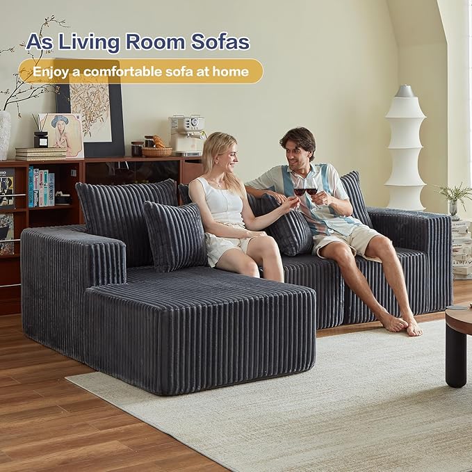 Boneless Couch, 101" Cloud Sectional Sofa with L Shaped Chaise, Deep Seat Sofa in a Box with 3 Modular Sections, Modern Corduroy Comfy Couch for Living Room, Grey