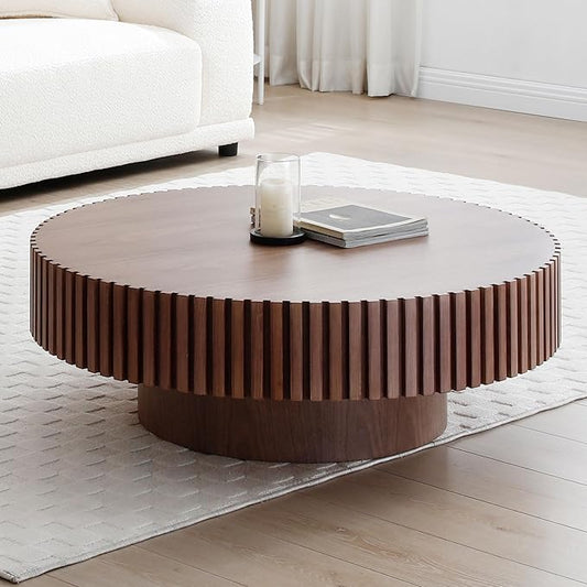 31.49" Walnut Coffee Table Round Wood, Modern Unique Fluted Tea Table, Contemporary Drum Circle Accent Center Table for Living Room, Small Space, Apartment