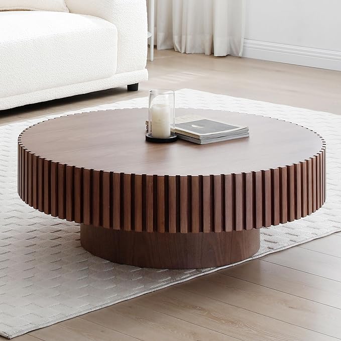 WILLIAMSPACE 31.49" Walnut Round Coffee Table, Modern Luxury Wood Circle Drum Center Table for Living Room, Accent Side End Tea Table for Apartment, ø31.49'' x 13.77''H (Walnut)