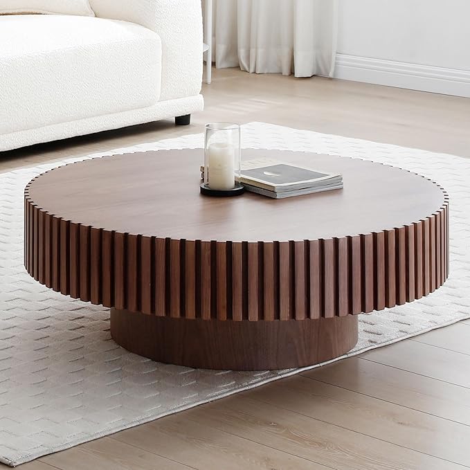 Round Coffee Table, 39.37" Coffee Table, Wood Coffee Table for Living Room, Handcrafted Relief Carving, Easy Assembly, Walnut