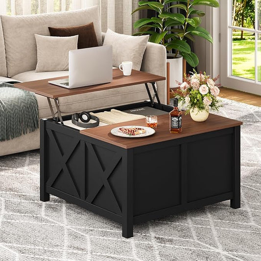 Lift Top Coffee Table with Storage, 31.5" Farmhouse Coffee Tables with Wooden Lift Tabletop and Hidden Compartment Square Center Table for Living Room, Small Space Home Office, Black