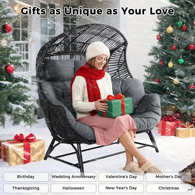 IRONCK Egg Chair Outdoor, Double Wicker Egg Lounge Chair, Upgraded Feet, Handrest and Padded Cushion, 700Lbs, Oversized Loveseat for Backyard, Patio, Living Room, Gray - Image 8
