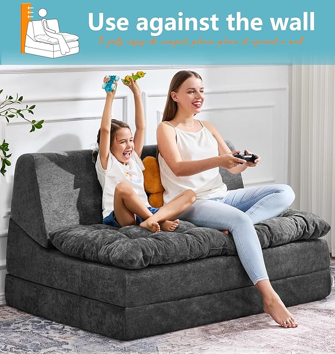 Hobestluk Sofa Couch Folding Sofa Bed Sleeper Comfy Floor Lounger Loveseat Sofa with Removable Cushion Couches Foldable Mattress for Living Room Bedroom or Office (Chenille Grey, Oversize)