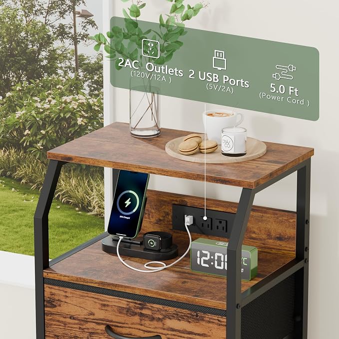 Furnulem 5 Drawers Dresser with Charging Station, Tall Night Stand with Storage Shelf, Fabric Chest of Drawers, Bedside Table for Closet, Entryway, Bedroom Furniture, 3 Ways to Use, Rustic Brown - Image 8