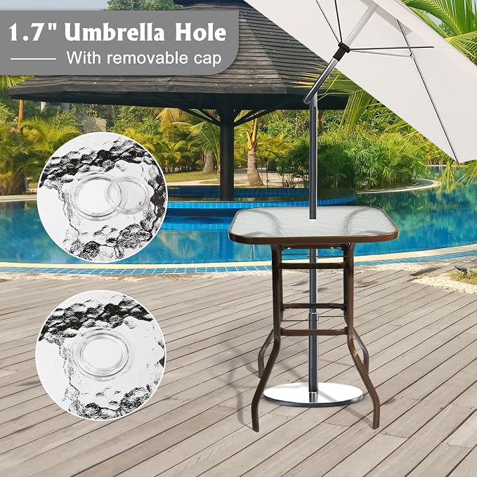 VINGLI Outdoor Bar Table with Umbrella Hole, Metal Patio Bar Height Pub Table for Patio High Top (Brown) - Image 5