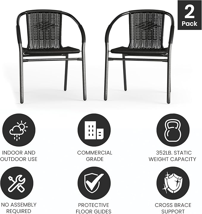 EMMA + OLIVER Set of 2 Modern Rattan Indoor/Outdoor Stack Chairs, Stacking Rattan Patio Chairs with Curved Back and Cross Bracing, Black - Image 7