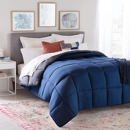 Linenspa Reversible Down Alternative Comforter and Duvet Insert, for Queen Size Bed – All-Season Comforter with Box Stitch and 8 Duvet Loops – Bedding for Kids, Teens, and Adults – Navy / Graphite
