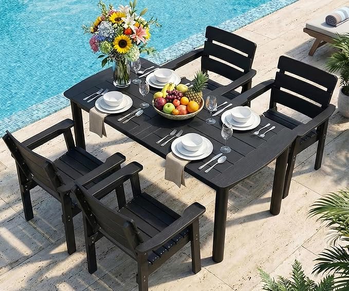 5-Piece Outdoor Dining Set, All-Weather HIPS Patio Table & Chairs for 4, Outdoor Furniture with Umbrella Hole, Ideal for Garden, Poolside, Backyard, Deck, Black by Kibaso