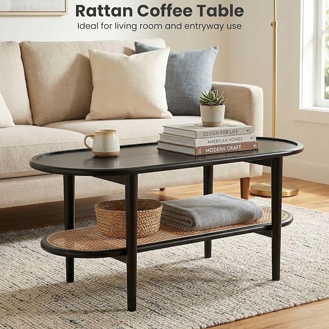 Black 2-Tier Oval Coffee Table with Rattan Storage Shelf, Modern Boho Cane Wicker Coffee Table for Living Room, Minimalist Wooden Accent Table for Entryway