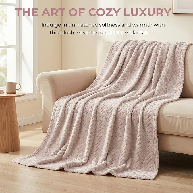 Exclusivo Mezcla Fleece Throw Blanket for Couch, Cozy Lightweight Blankets for All Season, Decorative Giftable Fuzzy Plush Wave Textured Throws for Women, Men, Camel, 50x70 Inches