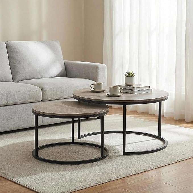 CENSI Round Nesting Coffee Table Set of 2, 31.5" Modern Grey Wash Oak Wood & Metal Frame, Industrial Circle Stacking Accent Tables for Living Room, Rustic Farmhouse Decor, Easy Assembly