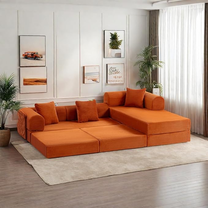 106.3" L Shape Convertible Sleeper Sofa Bed, Oversized Modular Sectional Cloud Sofa with Fixed-Shape Frame & Storage Pocket, Boneless Couch for Living Room, No Assembly Required, Orange