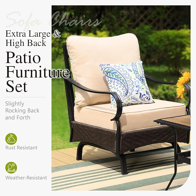 Sophia & William Metal Patio Furniture Set, 7 Seats Outdoor Conversation Set with 3-Seater Sofa, 2 Motion Chairs, 2 Ottoman, 1 Coffee Table for Seating Lawn Porch Backyard,Beige