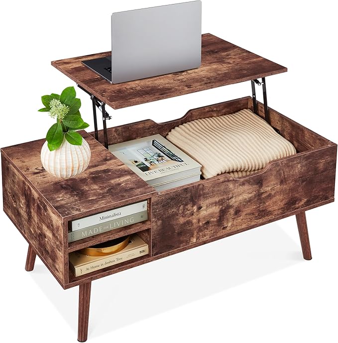 Best Choice Products Lift Top Coffee Table, Wooden Mid-Century Modern Multifunctional Accent Table for Living Room w/Hidden Storage, 2 Cubbies, Removable Shelf - Brown