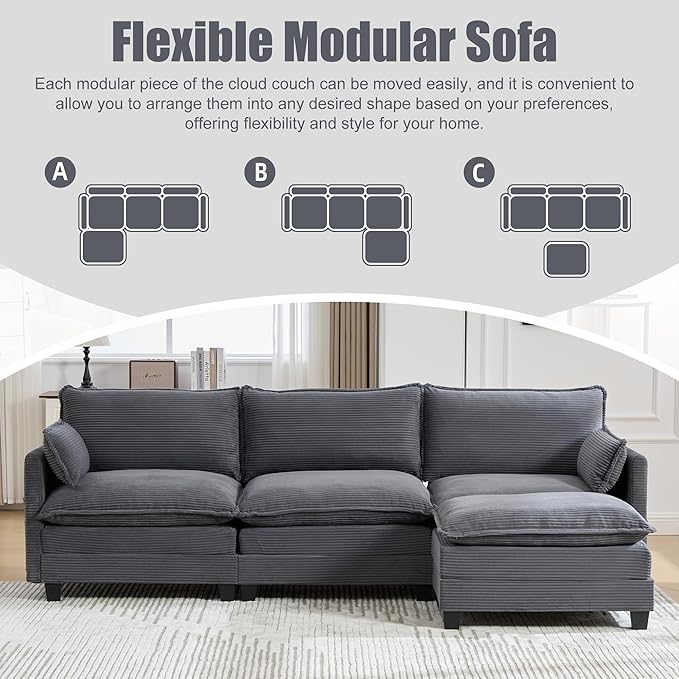 Modular Sectional Sofa Couch with Reversible Ottoman, 103" Oversized Corduroy Cloud Couch, 3 Seat Sectional Sofa with Solid Wood Frame and Side Pockets,for Living Room & Apartment