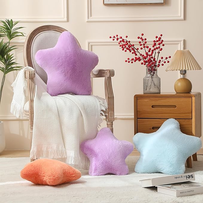 YRXRUS Star Pillows, Purple Star Shaped Pillow, Decorative Throw Pillow Gifts, Cute Plush Room Decor, Fluffy Faux Rabbit Fur 18"x18" Pillows for Living Bedroom