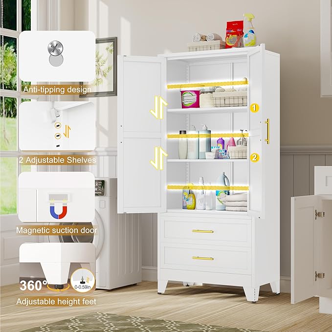 GAIOUS Steel Pantry Cabinet, 71" Metal Storage Cabinets with 2 Doors, 2 Adjustable Shelf and 2 Drawers, Freestanding Storage Cabinet for Bedroom, Kitchen, Home Office (White)