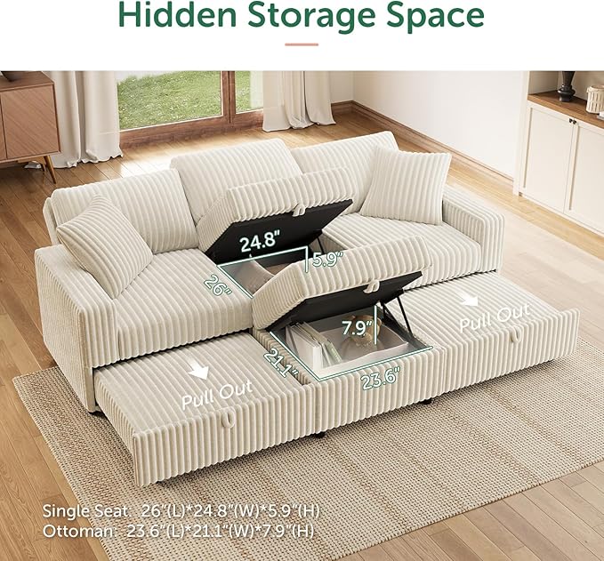 HONBAY 94.5 Inch Modular Sectional Sleeper Sofa with Pull Out Bed, Convertible L & U Shaped Couch with Storage & Adjustable Backrest, Velvet White
