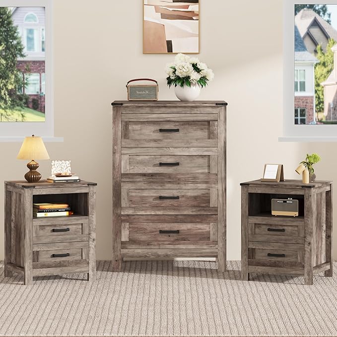 EazeHome 3-Piece Bedroom Furniture Set，Farmhouse Vertical 4-Drawer Dresser with 2 Nightstands, Retro Dresser and Nightstand Sets, Antique Gray