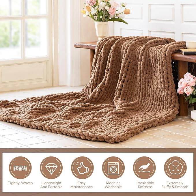 Chunky Knit Blanket - Luxury Soft Cozy 80 * 90 Throw Blanket,100% Woven Blanket Rope Knot Throw Blanket for Couch, Sofa, Home Decor, Gift - Machine Washable (Brown, 80 * 90)