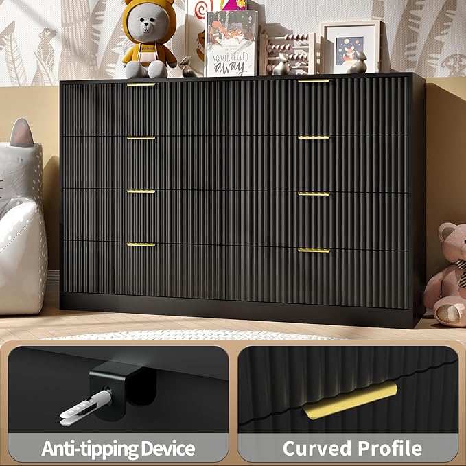 Black Dresser Set of 2, Large Dresser for Bedroom Wooden with 16 Drawers, Fluted Modern Bedroom Furniture Set, TV Stand Dressers & Chests of Drawers for Closet (15.7" D x 110.2" W x 36" H)