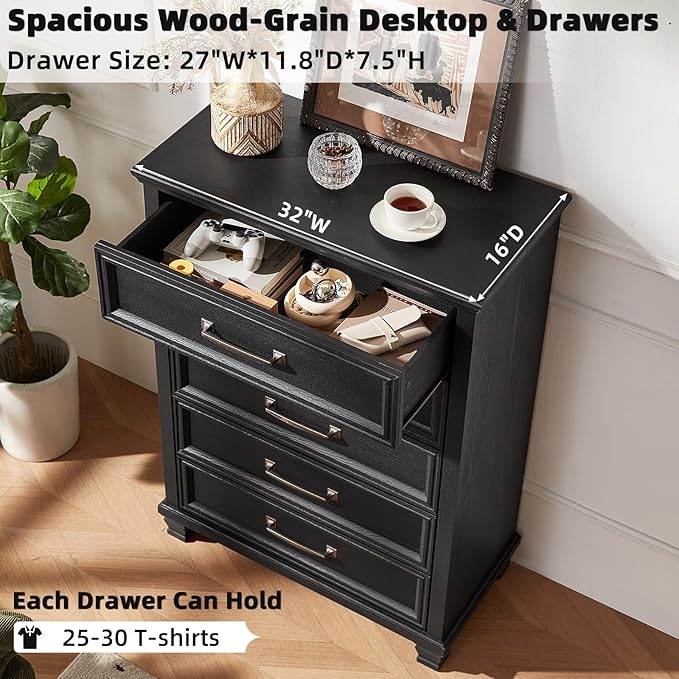 SAVOR LIFE Farmhouse Bedroom Dresser and Nightstand Sets 4 Piece, 5/6 Drawer Dresser & 2 Drawer Nightstand Set for Home, Bedroom, Hallway, Black