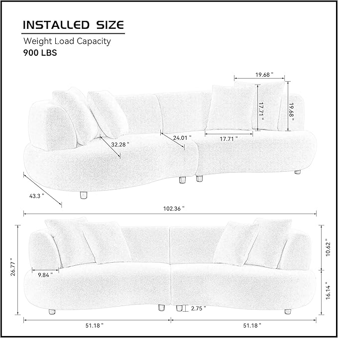 102.36 inch Mid Century Sectional Curved Sofa, Modern Boucle Fabric Comfy Upholstered 4-Seat Couch for Living Room Apartment and Office,White