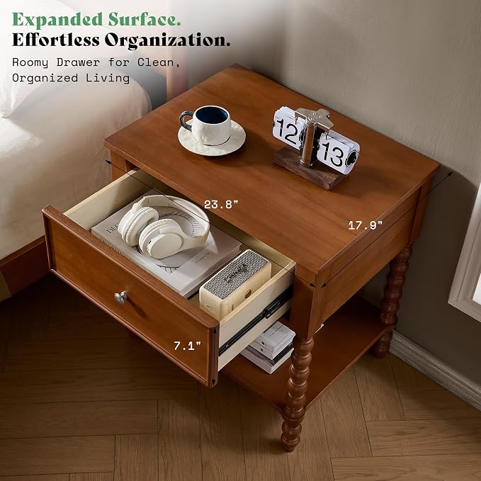 AMERLIFE 24" Walnut Nightstand Set of 2, Vintage Bedside Table for Bedroom, Solid Wood Night Stand with Turned Legs, End Table with Drawer & Open Shelf, Brown Walnut Finish - Image 6
