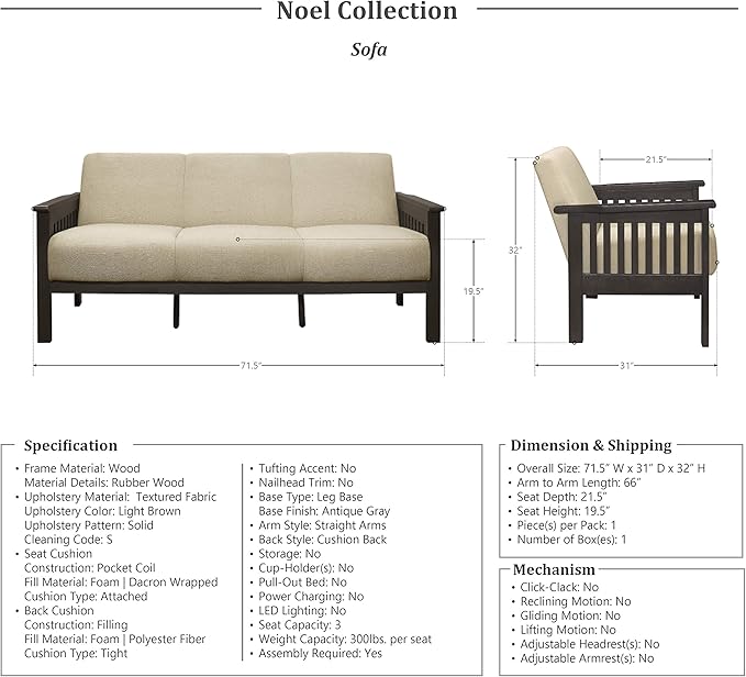 Lexicon Noel 75.5" W Fabric Living Room Sofa Couch, Brown