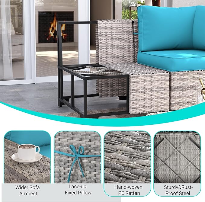 7-Piece Outdoor Patio Furniture Set with 55,000 BTU Fire Pit Table, PE Wicker Rattan Sectional Sofa Set Patio Conversation Set with Coffee Table, Turquoise