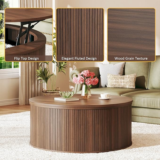 Round Coffee Table with Storage, 31.5" Lift Top Coffee Table, Mid Century Modern Coffee Tables for Living Room, Apartment Office, Fluted Table with Rustic Wood Desktop, Walnut