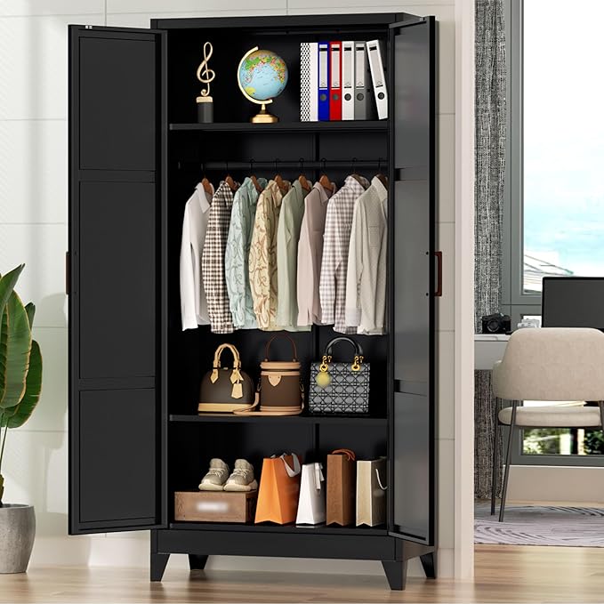 Greenvelly Metal Wardrobe Cabinet, 19" D x 34" W x 71" H Metal Wardrobe Closet with Hanging Rods and Adjustable Shelves,Clothing Storage Closet Cabinet for Bedroom, Cloak Room, Laundry Room (Black)