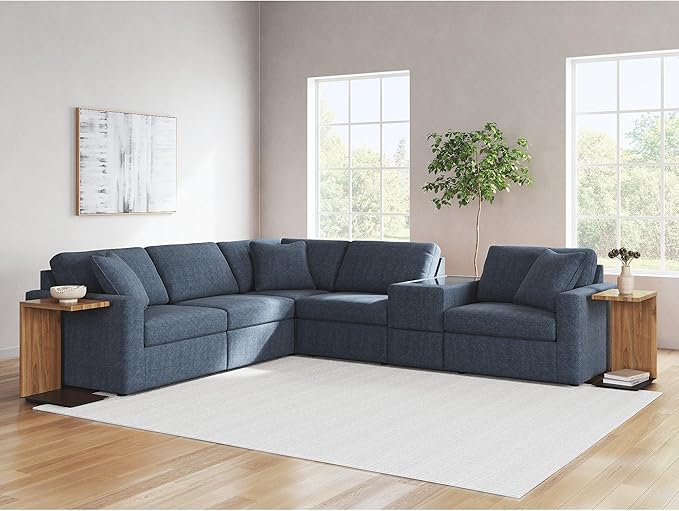 Signature Design by Ashley Modmax Contemporary Stain Resistant Left-Arm Facing 6-Piece Sectional with Storage Console, Armrest, Throw Pillows and Reversible Cushions for Living Room, Blue